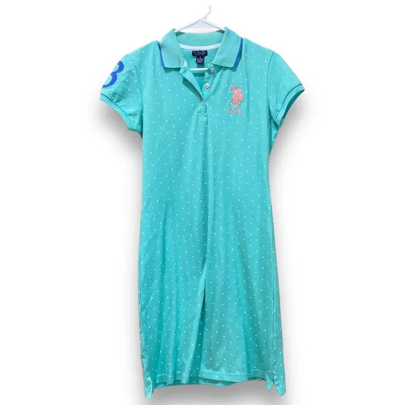 US POLO ASSN Ralph Lauren Mint Green Dot Polo Dress Polka Dot Small Tropical Sky - Picture 1 of 11